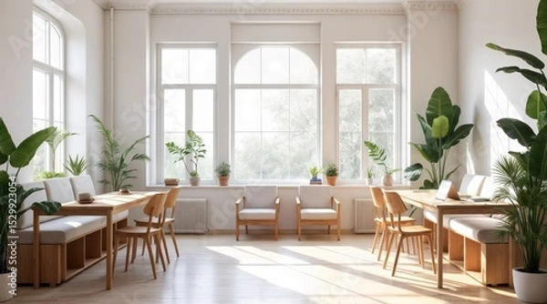 Fototapeta Scandinavian-style shared workspace with natural materials