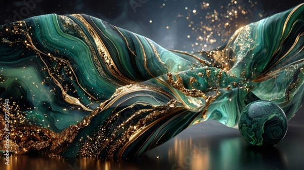 Fototapeta abstract background, fake stone texture, malachite green agate jasper marble slab with gold glitter veins, wavy lines fashion print, painted artificial marbled surface, artistic marbling illustration