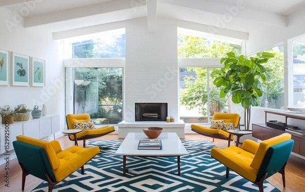 Obraz Mid-century modern living room with sleek furniture, teal and mustard accents, geometric rugs, and a bright open space