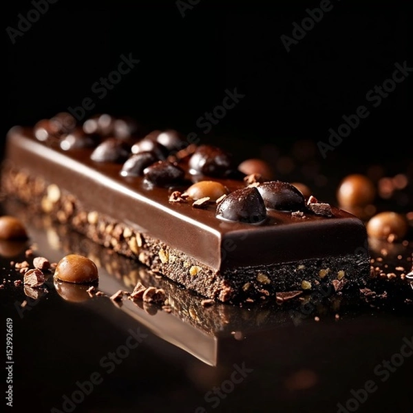 Fototapeta Chocolate bar with nuts and cocoa on dark reflective background  