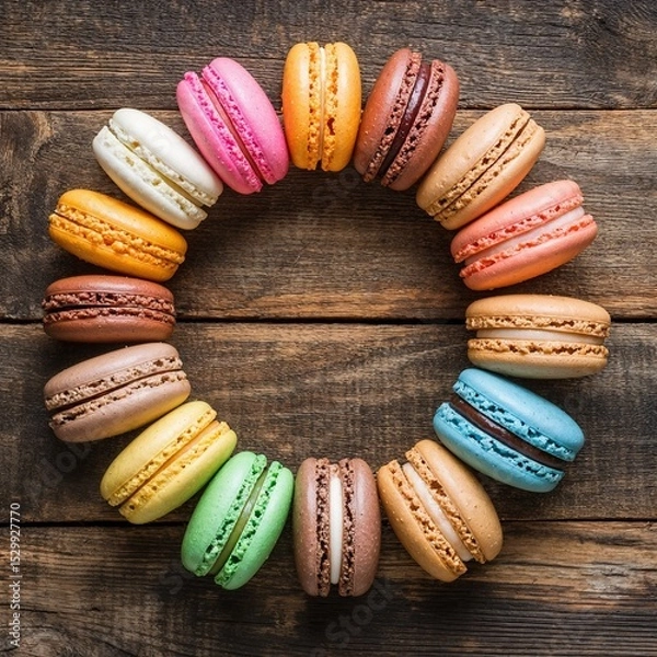Fototapeta Colorful macarons arranged in a circular pattern on wooden table  