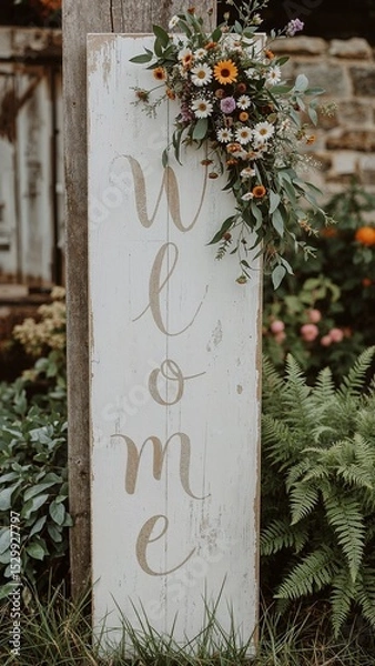 Fototapeta Welcome sign with floral arrangement on rustic wood post in garden setting outdoors for an event on transparent background