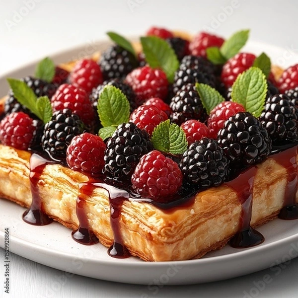 Fototapeta Fresh berry tart with raspberry and blackberry on pastry base  