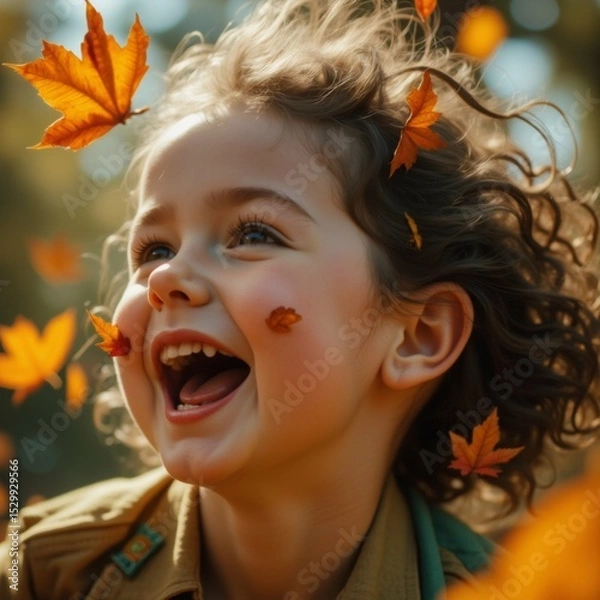 Obraz close portrait young girl probably around years old curly blonde hair she wearing brown jacket has big smile her face her eyes closed her mouth open wide she laughing enjoying moment background