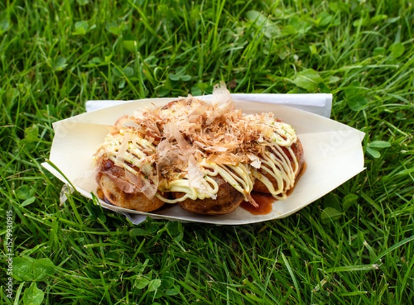 Obraz Takoyaki in a paper bowl on grass 