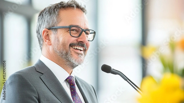 Fototapeta Caucasian male speaker smiling at podium in business suit delivering presentation