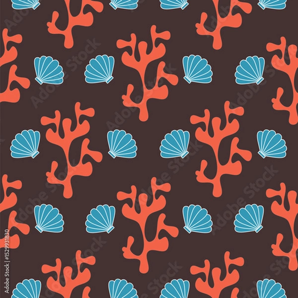 Fototapeta cute hand drawn seamless vecto pattern illustratio with red coral and blue seashells on brown background
