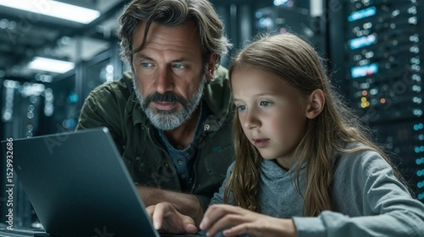 Obraz Focused Learning: Girl and Adult Analyzing Data on a Laptop in a Server Room