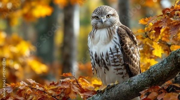 Obraz Hawk Resting on a Branch Surrounded by Autumn Foliage