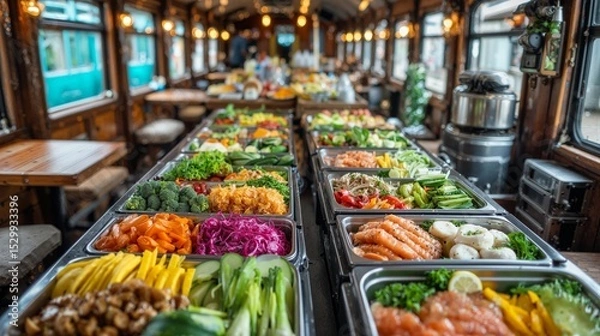 Obraz Buffet of Fresh Ingredients in a Rustic Train Car
