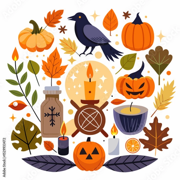 Fototapeta Samhain Pagan Festival Vector with Celtic Symbols and Autumn Elements on White Background