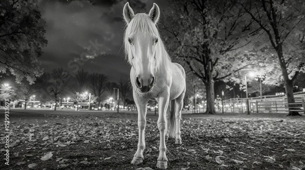 Obraz Elegant White Horse Stands Proudly in a Night Park