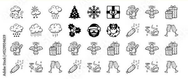 Fototapeta A collection of hand-drawn Christmas icons, including weather, festive characters, and celebratory elements.
