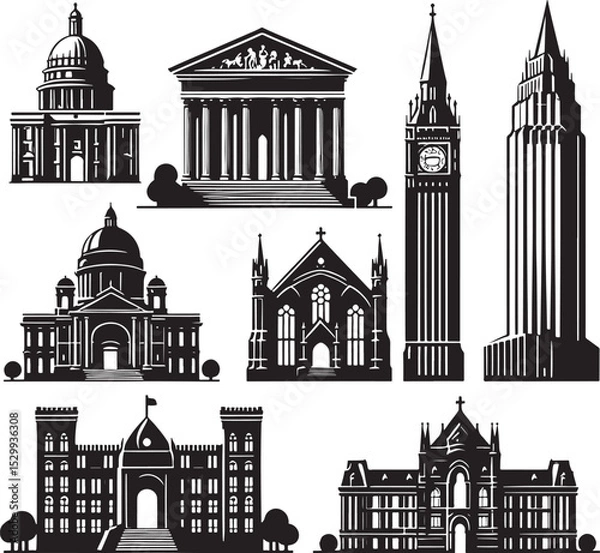 Obraz Iconic Architectural Building Silhouettes. Flat Vector Clipart for Logos and Icons