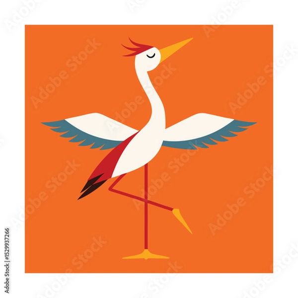 Fototapeta Elegant stylized bird crane illustration posing with wings spread against a vibrant orange backdrop