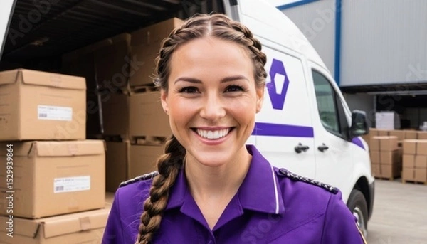 Fototapeta In the photo, a smiling woman in a purple shirt with braids stands against the background of an open van filled with boxes. The vans logo and part of the warehouse are visible behind it.