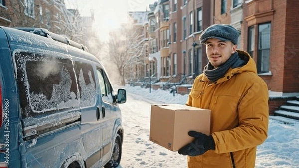 Fototapeta In the photo, the delivery driver stands in the snow next to a white van. He is smiling, holding a cardboard box, dressed in winter clothes, including a hat, gloves and scarf.