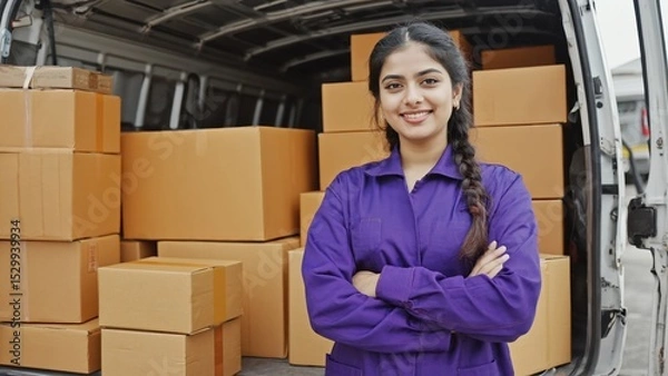 Fototapeta In the photo, a smiling woman in a purple shirt with braids stands against the background of an open van filled with boxes. The vans logo and part of the warehouse are visible behind it.