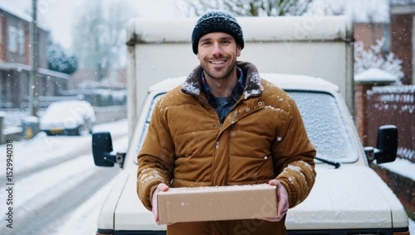 Fototapeta In the photo, the delivery driver stands in the snow next to a white van. He is smiling, holding a cardboard box, dressed in winter clothes, including a hat, gloves and scarf.