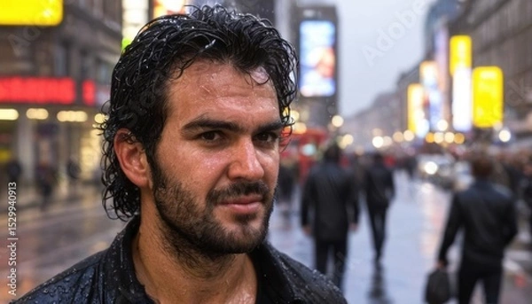 Fototapeta A man with wet dark hair and stubble stands against the background of a rainy city street filled with people and bright advertisements. His expressive face reflects the atmosphere of a rainy evening.
