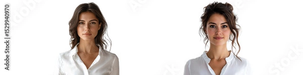 Fototapeta A beautiful woman with straight hair wearing a white blouse, a beautiful woman wearing a shirt, facing forward and looking at the camera on a transparent background
