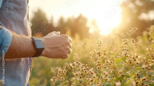 Fototapeta A person's hands in a field at sunset