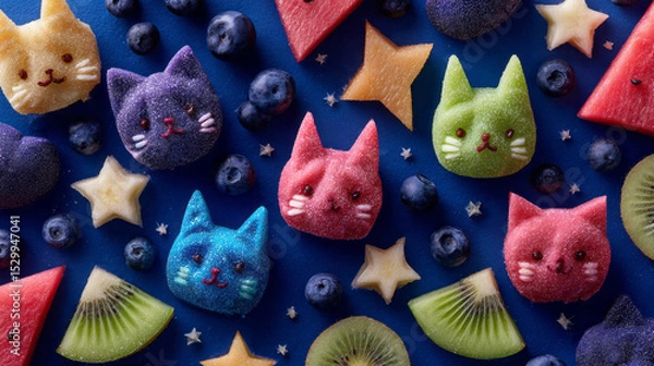 Fototapeta A creative flat lay of cat-shaped jelly treats and fresh fruit slices, highlighting rich hues and a delightful fusion of food and art aesthetics