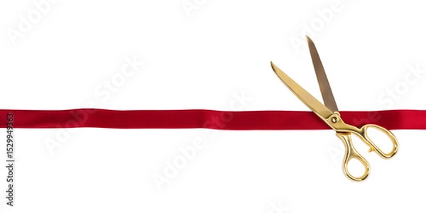 Fototapeta Gold scissors cutting red ribbon isolated on a white background png ai generated