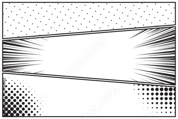 Fototapeta Comic book three panels with halftone, storyboard style pop art frame template, frame retro cartoon black and white