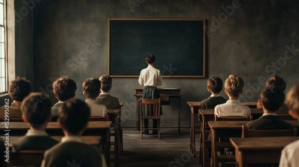 Obraz 19th century European classroom chalkboard wooden desks teacher in historical attire attentive students photorealistic educational evolution scene