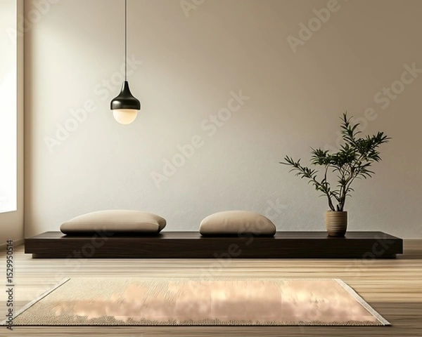Obraz Modern Japandi living room with dark wood furniture, soft beige rugs, and light wood flooring