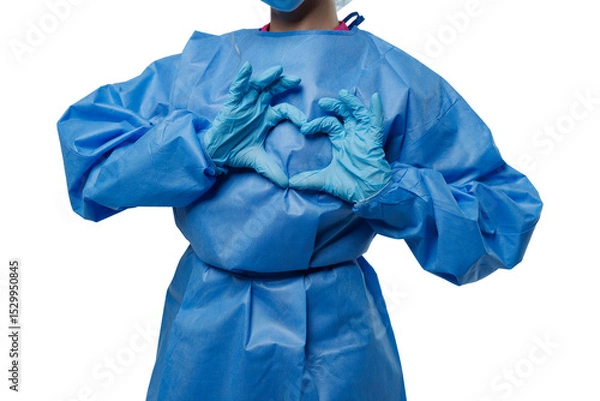 Fototapeta Isolated Medical worker in protective gown forming heart with hands – symbol of care and support on white background, copy space