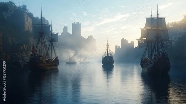 Obraz Age of Exploration European port wooden sailing ships explorers in armor and capes globes and maps loading goods ocean mist photorealistic 15th century maritime history