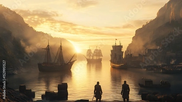 Obraz Age of Exploration European port wooden sailing ships explorers in armor and capes globes and maps loading goods ocean mist photorealistic 15th century maritime history