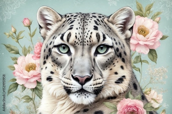 Obraz Snow leopard surrounded by pink flowers in a serene floral background