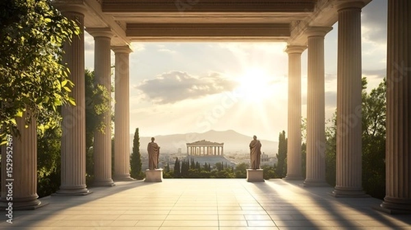 Obraz Ancient Greek philosophers togas debating at the Agora in Athens stone pillars marble statues Parthenon in background authentic Greek architecture bright sunlight photorealistic classical era