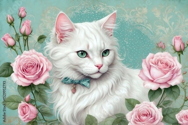 Obraz White cat with striking green eyes surrounded by soft pink roses in an artistic floral setting
