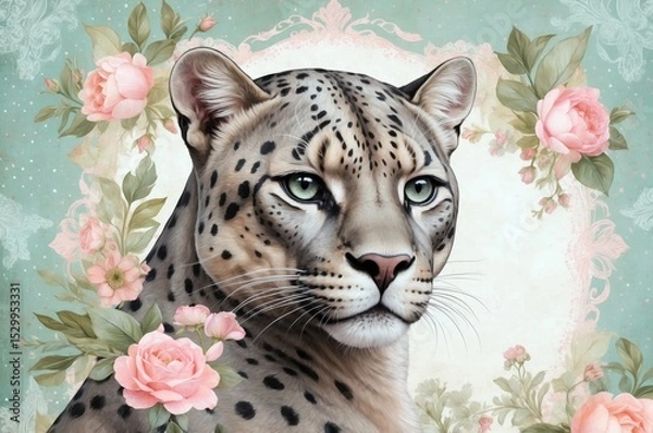 Obraz Elegant leopard portrait surrounded by soft pink roses and pastel green backdrop in artistic illustration