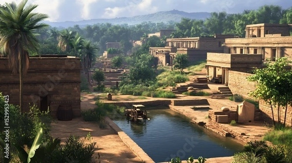 Obraz Ancient Indian Indus Valley Civilization brick homes early city planning public baths carts and farmers authentic attire archaeological accuracy photorealistic bronze age setting