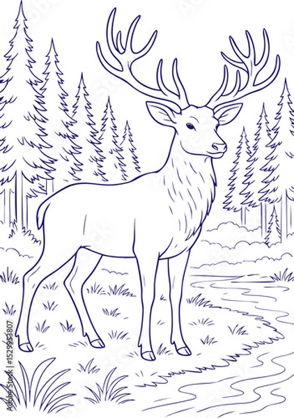 Obraz Deer standing by forest stream in black and white line art