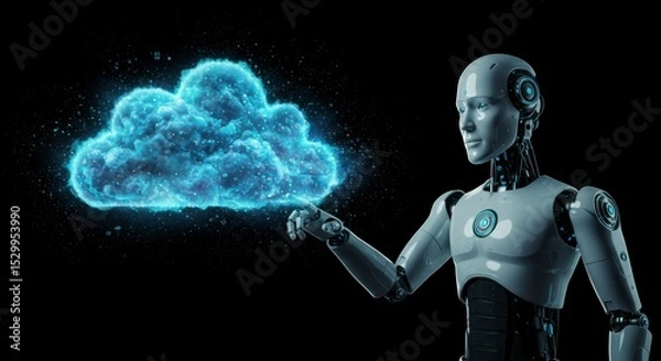 Fototapeta Futuristic robot interacting with a glowing cloud.  A metallic robot points at a vibrant cloud of light
