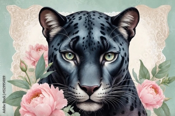 Obraz Majestic black leopard portrait surrounded by delicate pink peonies in soft pastel tones