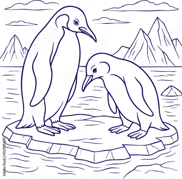 Obraz Two penguins on ice floe in polar landscape line art style