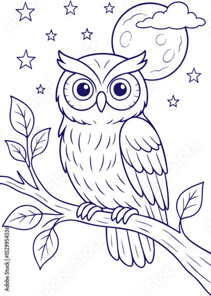Obraz Owl on tree branch at night with moon in line art style