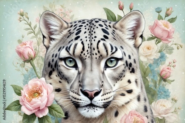 Obraz A majestic snow leopard gazes directly at the viewer, framed by colorful flowers