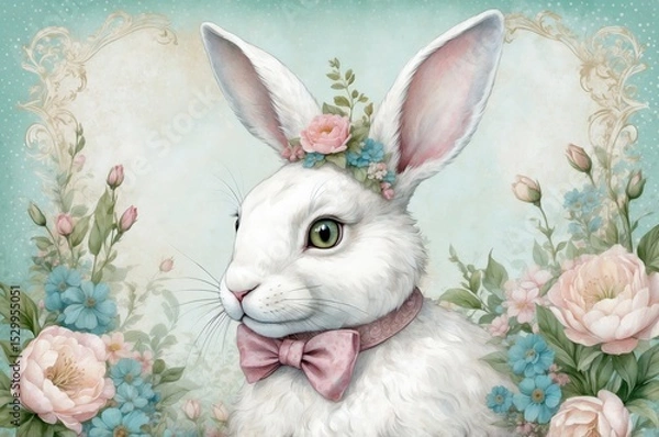 Obraz White rabbit with flower crown and bow tie in a floral setting during springtime