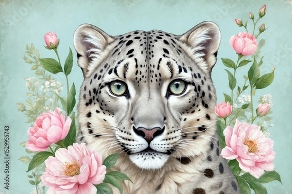 Obraz Snow leopard surrounded by pink peonies in a serene, floral backdrop during a sunny day