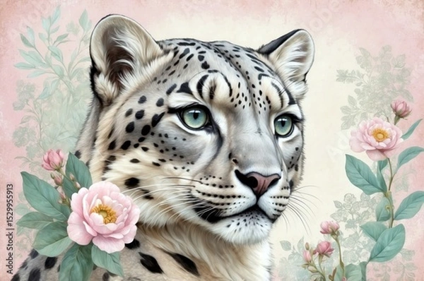 Obraz Snow leopard surrounded by flowers in a serene artistic depiction showcasing its piercing green eyes and intricate fur patterns
