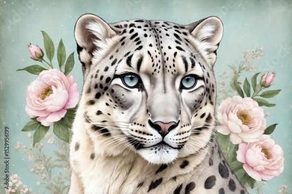 Obraz Snow leopard portrait surrounded by pink flowers in a serene background depicting nature's beauty
