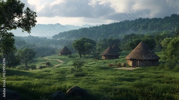 Obraz Bronze Age European settlement circular huts bronze weapons animal domestication wooden carts thatched roofs grassy terrain early human civilization in rich photorealistic style